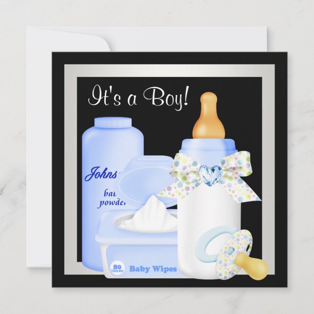 Söt svart och blå baby boy shower inbjudningar (Framsida)