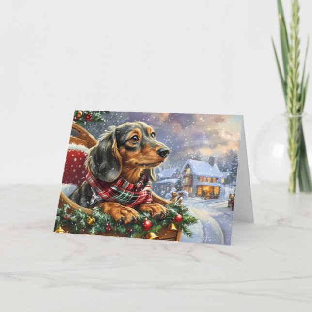 Söt svart och tan dachshund jul helgkort (Framsida)