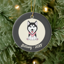 Söt svart och vit husky hund julgransprydnad keramik