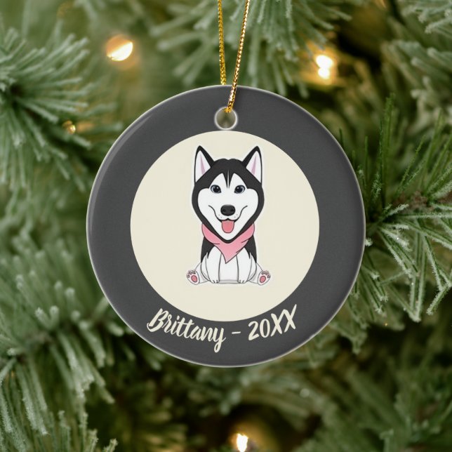 Söt svart och vit husky hund julgransprydnad keramik (Träd)
