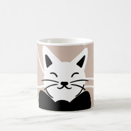 Söt svart och vit katt med abstrakt linje kaffemugg