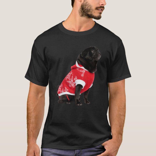 Söt svart pug julhatt röd tröja bild jul (Framsida)
