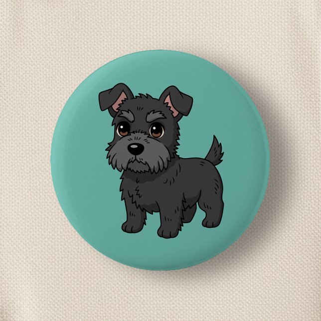Söt svart skotsk terrier hund grön knapp (Skapare uppladdad)