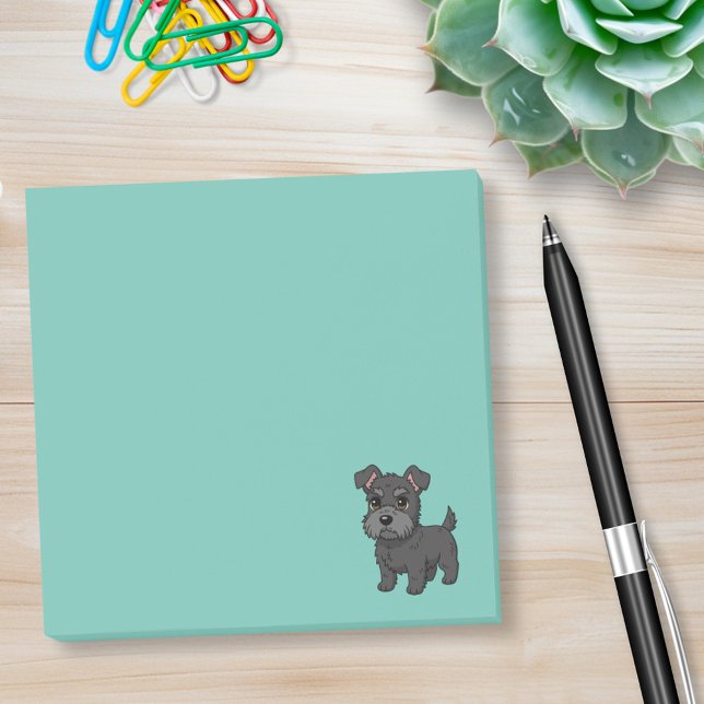 Söt svart skotsk terrier hund grön post-it block (Skapare uppladdad)
