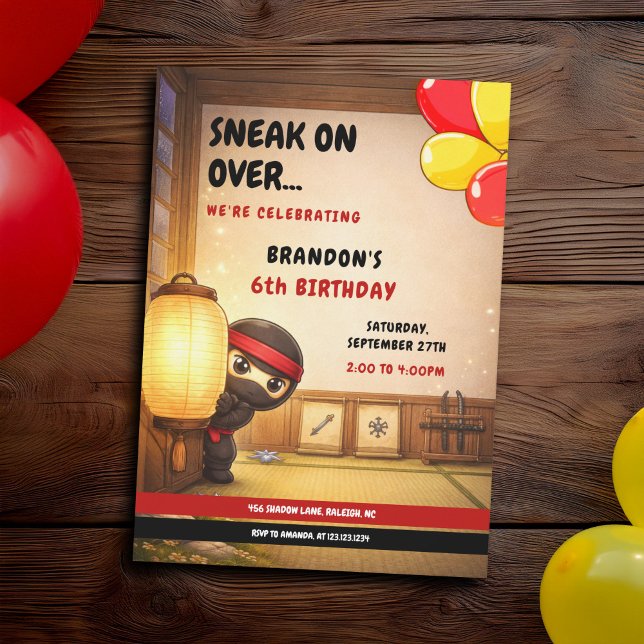 Söt Svart Snug Ninja Lykta Dojo Barnkalas Inbjudningar (Skapare uppladdad)