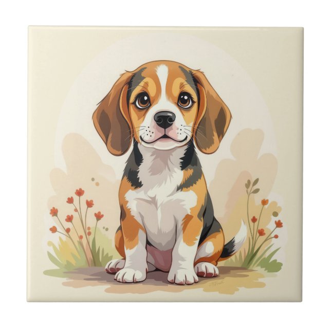 Söt svart tan & vit trefärgad Beagle-valp Kakelplatta (Framsidan)