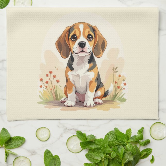 Söt svart tan & vit trefärgad Beagle-valp Kökshandduk (Vikta)