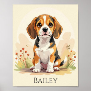 Söt svart tan & vit trefärgad Beagle-valp Poster