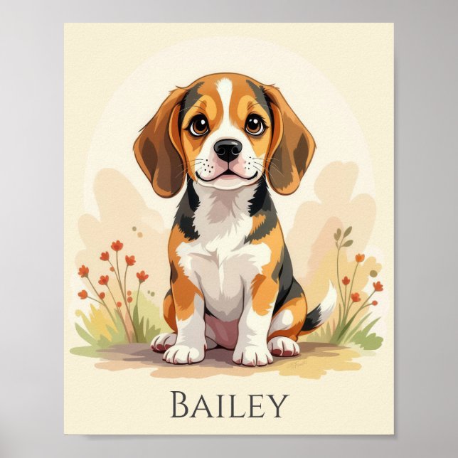 Söt svart tan & vit trefärgad Beagle-valp Poster (Framsidan)