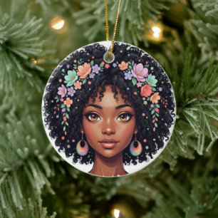Söt svart tjej med blomkrona afro julgransprydnad keramik