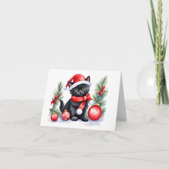 Söt Svart Tomte Kattunge med Julkulor TOMMA Helgkort (Framsida)