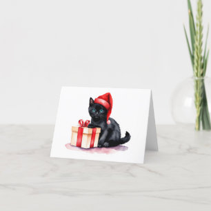 Söt Svart Tomte Kattunge med Present BLANK Helgkort