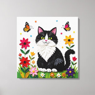 Söt svart-vit katt, blommor och fjärilar canvastryck