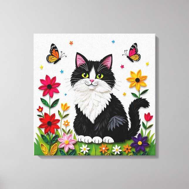 Söt svart-vit katt, blommor och fjärilar canvastryck (Framsida)