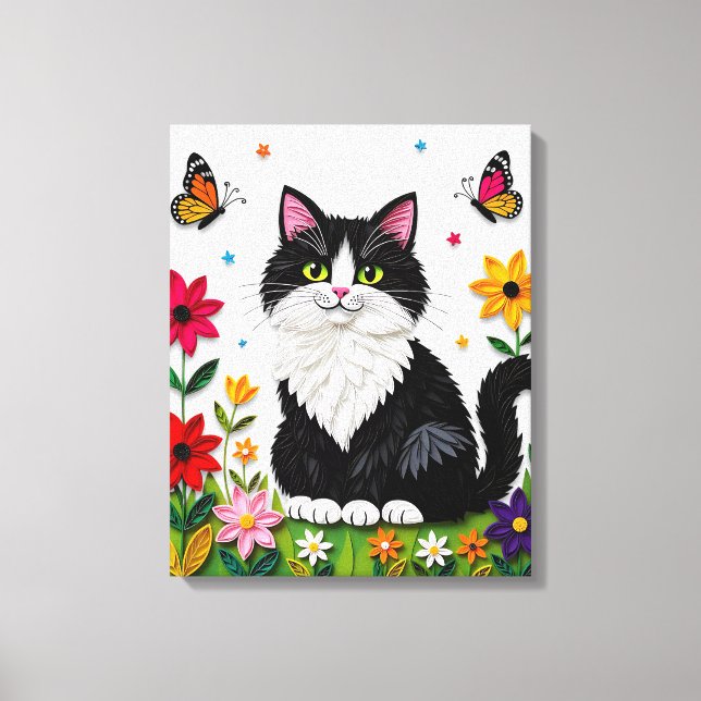 Söt svart-vit katt, blommor och fjärilar canvastryck (Framsida)