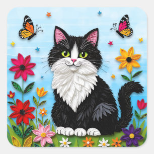 Söt svart-vit katt, blommor och fjärilar fyrkantigt klistermärke