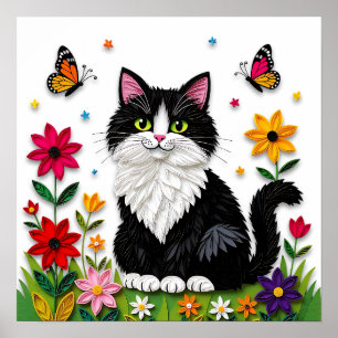 Söt svart-vit katt, blommor och fjärilar poster