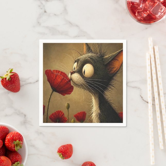 Söt svart & vit katt röd blomma pappersservett (Insitu)