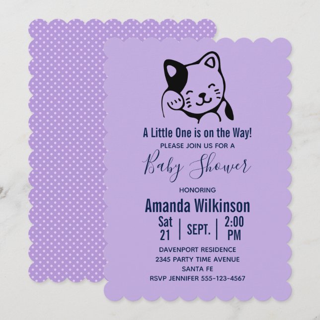 Söt svart-vit katt som vinkar -  Baby Shower Inbjudningar (Fram/baksida)