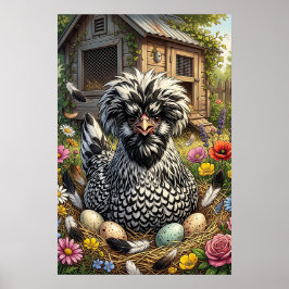 Söt svart-vit polsk höna poster