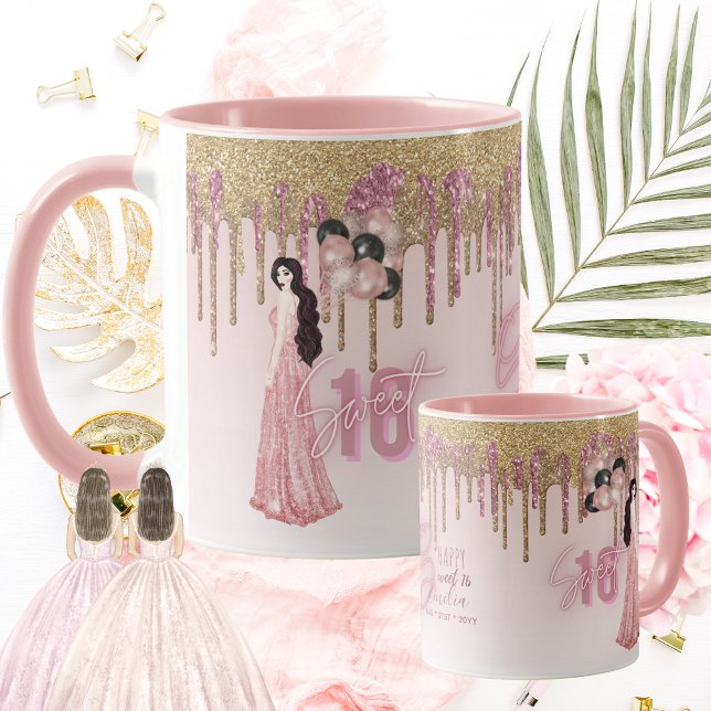 Söt Sweet16 ROSEGOLD DRIPPING GLITTER BRUNETTE Mugg (Skapare uppladdad)