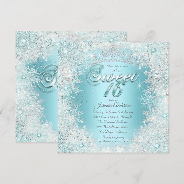 Söt Sweet 16 Teal blue Silver Winter Wonderland Inbjudningar (Fram/baksida)