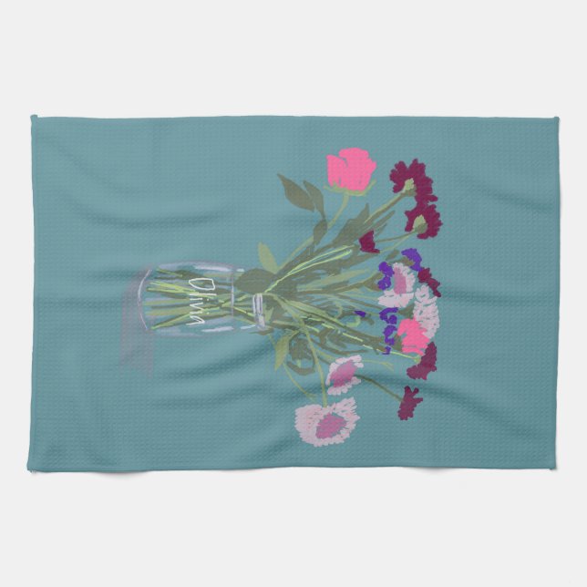 Söt Sweet Boho Wildblommor +Anpassat namn Kökshandduk (Horisontell)