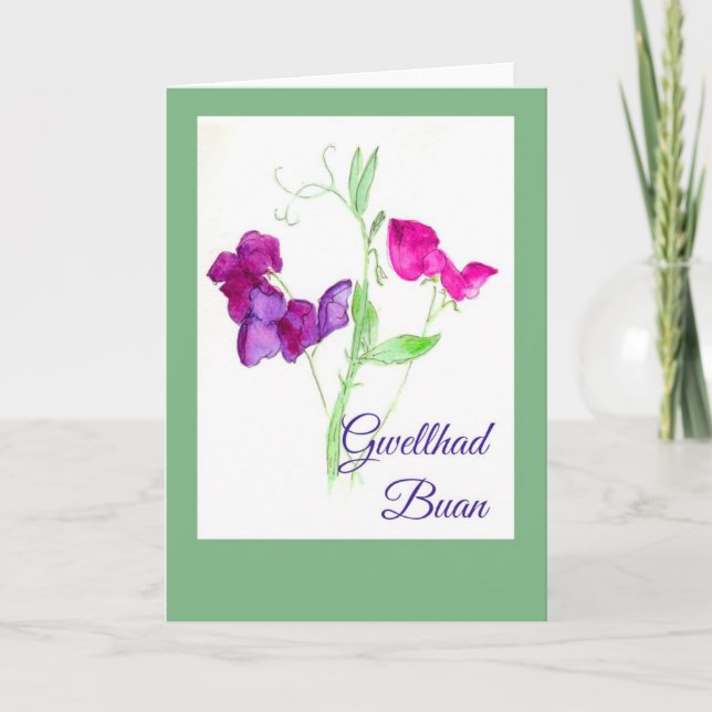 Söt Sweet Peas Get well Card, Welsh Hälsning Kort (Framsida)