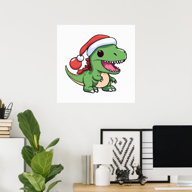 Söt T-Rex-dinosaur i julhatt Poster (Hemmakontoret)