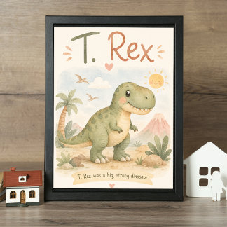 Söt T. Rex dinosaurie barnkammare akvarell Poster