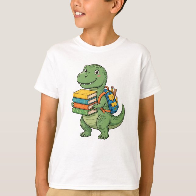 Söt T-Rex Elev - Tillbaka Till Skolan Ryggsäck Böc T Shirt (Framsida)