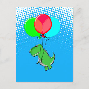 Söt T-Rex flyger med ballonger i blå himmel Vykort
