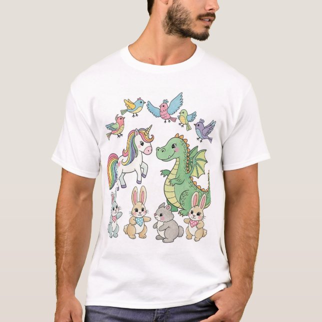Söt T-Shirt med Fantasidjur Vänner (Framsida)