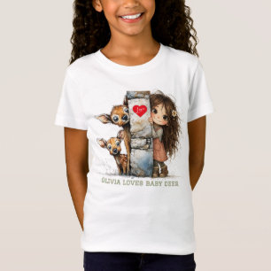 Söt T-shirt med flicka som tittar och hjortbarn