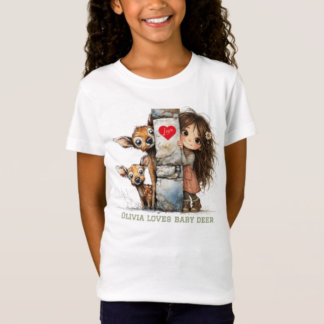Söt T-shirt med flicka som tittar och hjortbarn (Framsida)