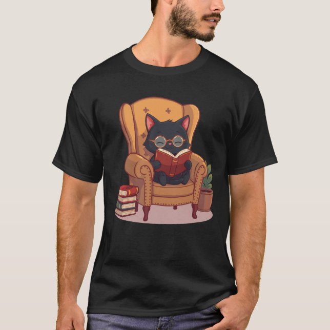 Söt T-Shirt med Läsande Katt (Framsida)