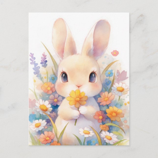 Söt Tan Kanin som håller Gul Blomma Vykort (Framsida)