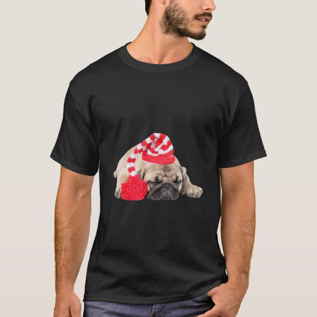 Söt Tan Pug-valp Julhatt Bild Sovande Kristus T Shirt (Framsida)