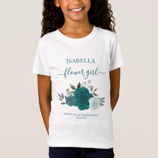 Söt Teal & Aqua Rosor Blomflicka Present Bröllop T Shirt (Framsida)