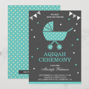 Söt Teal Barnvagn Baby Pojke Aqiqah Inbjudningar