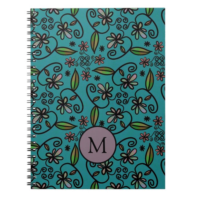 Söt Teal Blommig Mönster Monogram Anteckningsbok (Framsidan)