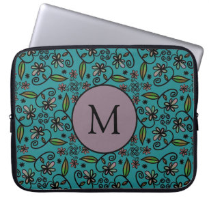 Söt Teal Blommig Mönster Monogram Laptop Fodral