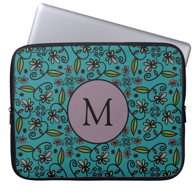 Söt Teal Blommig Mönster Monogram Laptop Fodral (Framsidan)