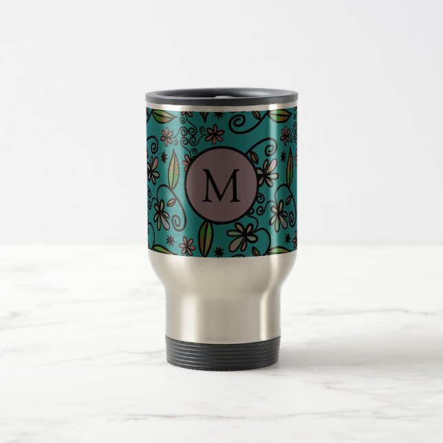 Söt Teal Blommig Mönster Monogram Resemugg (Center)