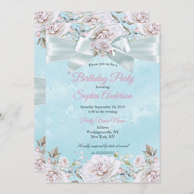 Söt Teal Blue Blommigt Ro Rosa Födelsedagsfest  Inbjudningar (Fram/baksida)