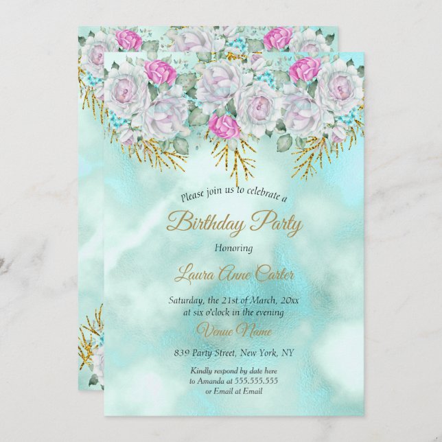 Söt Teal Blue Guld Blommigt Rosa Födelsedagsfest  Inbjudningar (Fram/baksida)
