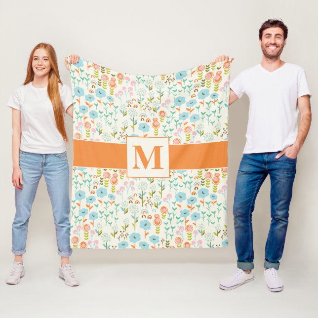 Söt Teal Blue Orange Rosa Blommönster  Fleecefilt (På plats)