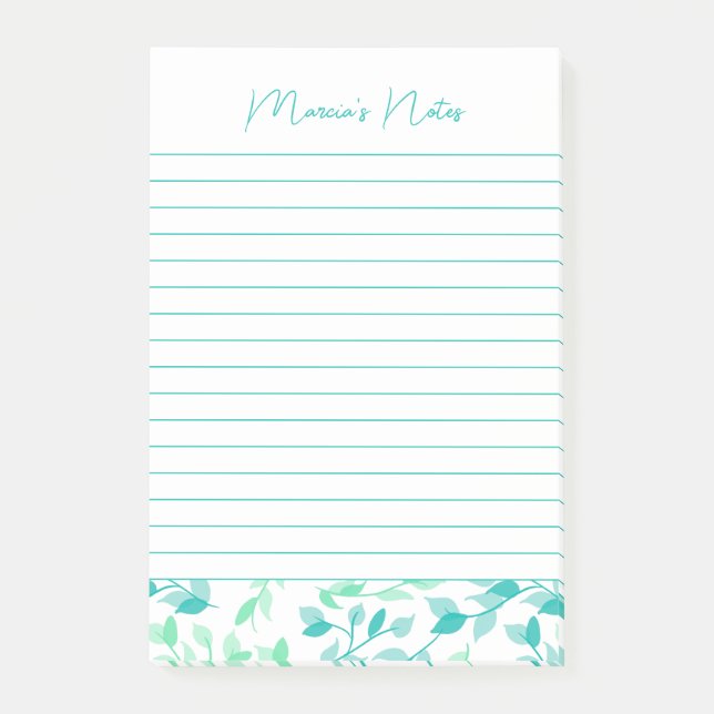 Söt Teal Grönt Blommigt Modern Personlig Längd Post-it Block (Framsida)
