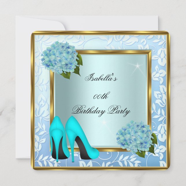 Söt Teal Hydrangeas Blommigt Högklackar Födelsedag Inbjudningar (Framsida)