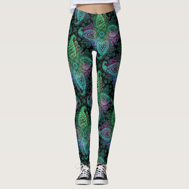 Söt Teal Paisley Motif Leggings (Framsida)